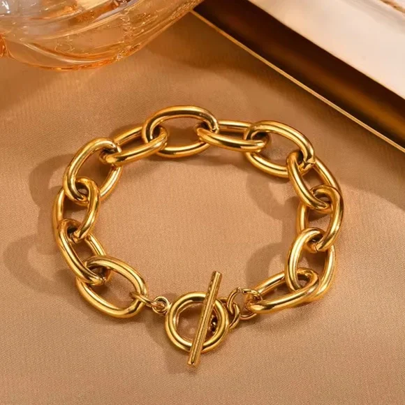 Chunky Bold Toggle Bracelets 18K Gold Stainless Steel - Picture 1 of 9